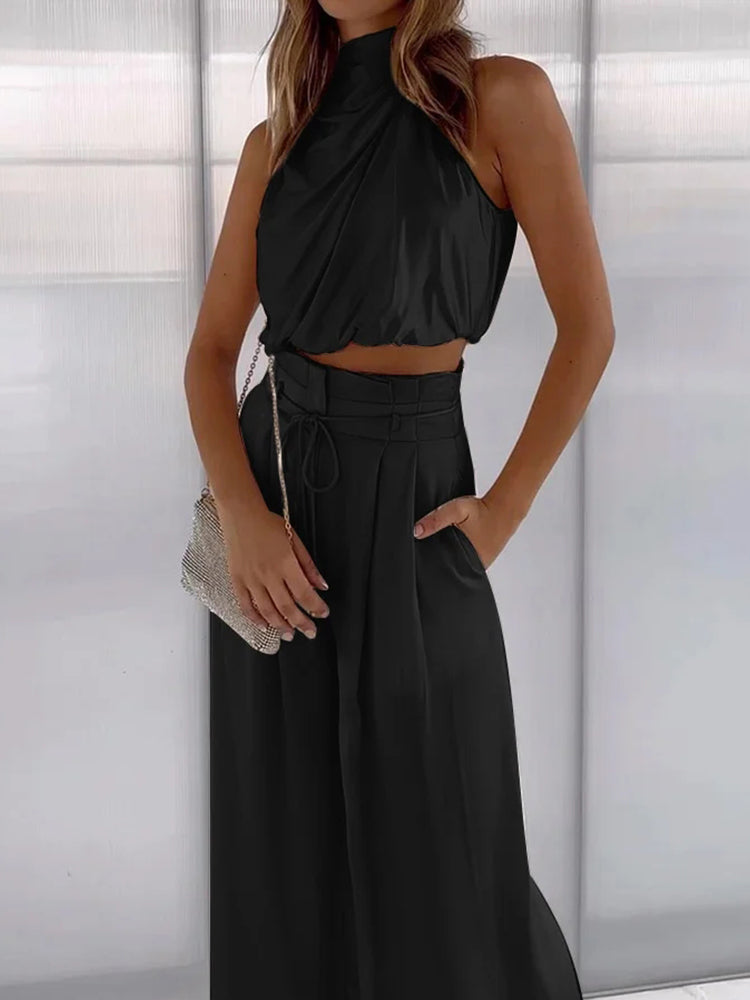 Sévana™ | Satin To-Delte Sæt Damer | Elegant Co-Ord Outfit med Draperet Crop Top og Vide Bukser med Høj Talje til Aften eller Event