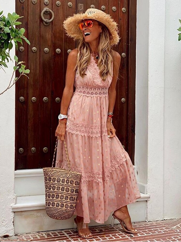 Laurel™ | Damer Boheme Maxi Kjole | Luftig Sommerkjole med Blonde Detaljer, V-Hals og Svajende Skørt