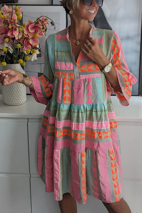 Zafira™ | Damer Boho Sommerkjole med Print | Farverig Løstsiddende A-Linje Kjole med Trekvartærmer og Lagdelt Skørt