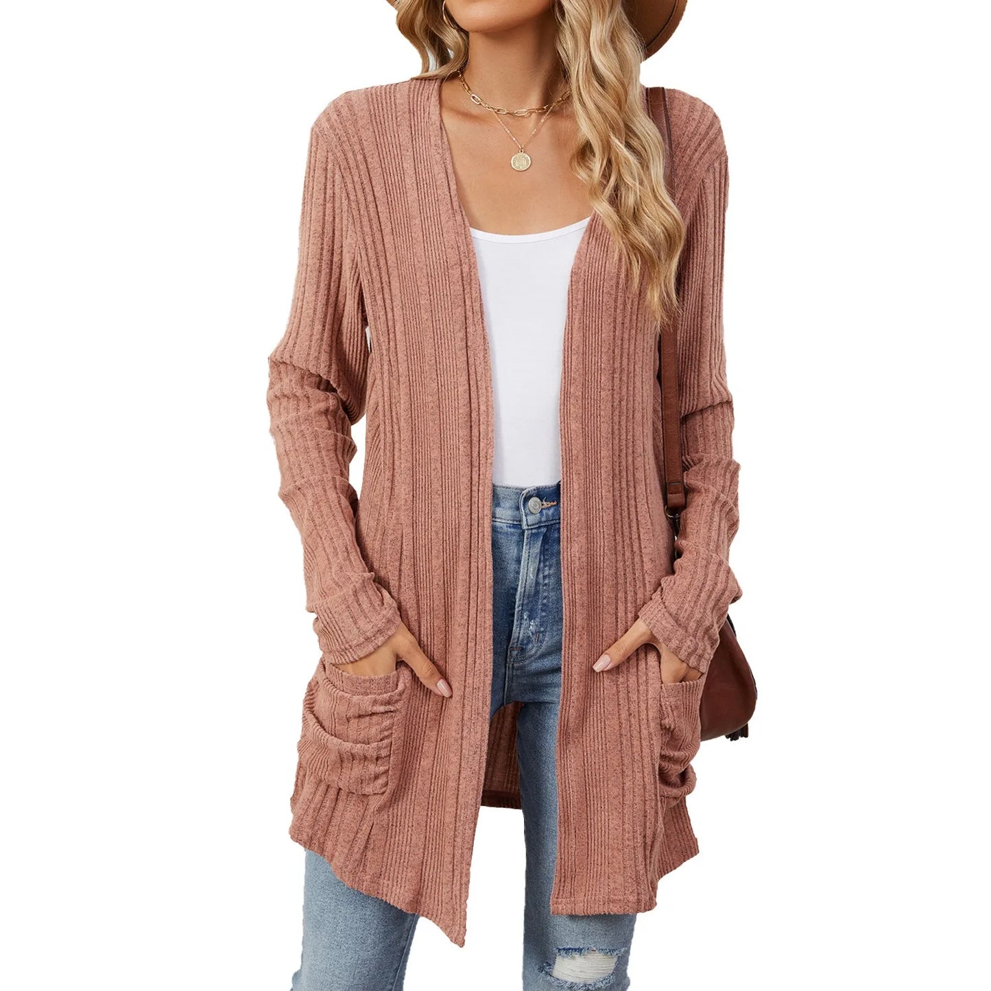 Almira | Lang Damer Ribstrikket Cardigan
