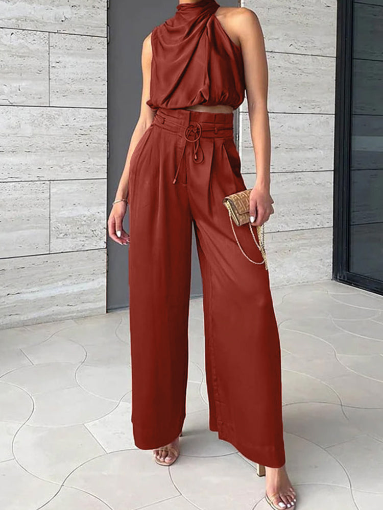 Sévana™ | Satin To-Delte Sæt Damer | Elegant Co-Ord Outfit med Draperet Crop Top og Vide Bukser med Høj Talje til Aften eller Event