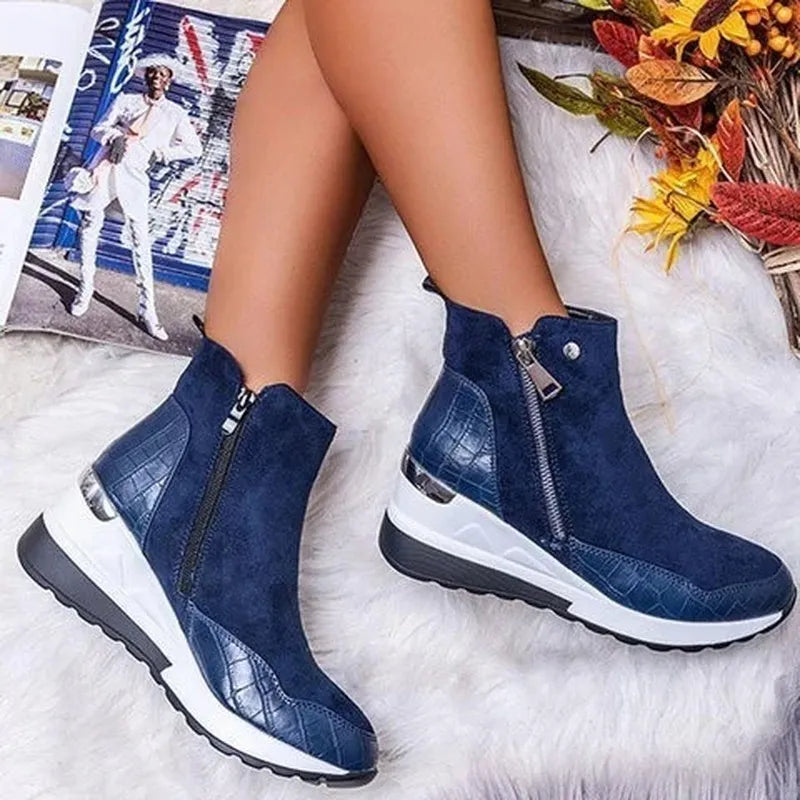 Amarena™ | Damer Ruskinds Wedge Sneakers | Trendy Sneakers med Croco Detaljer og Høj Sål
