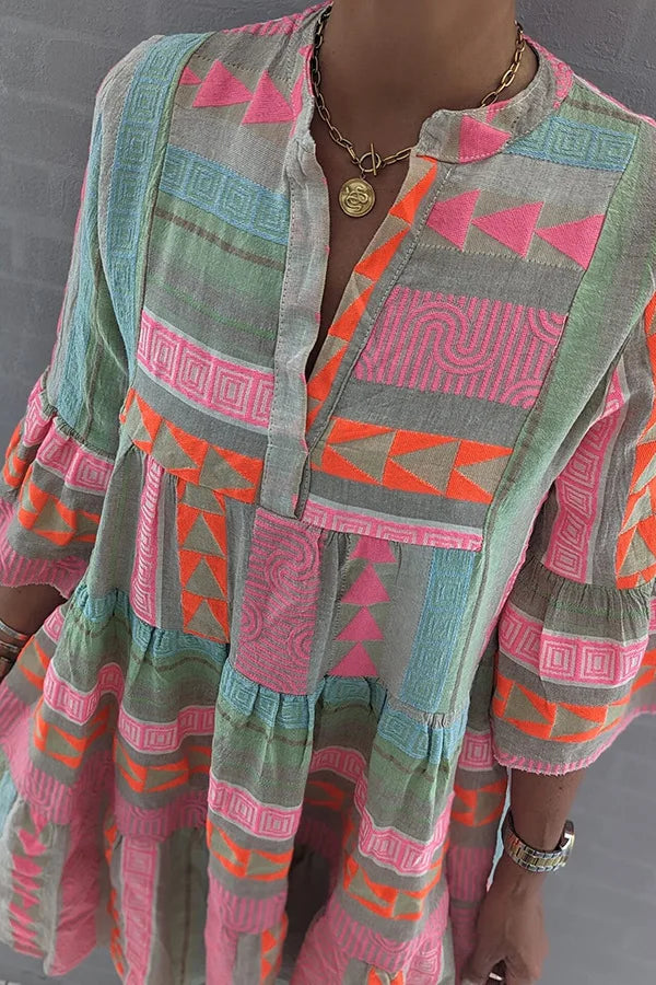 Zafira™ | Damer Boho Sommerkjole med Print | Farverig Løstsiddende A-Linje Kjole med Trekvartærmer og Lagdelt Skørt