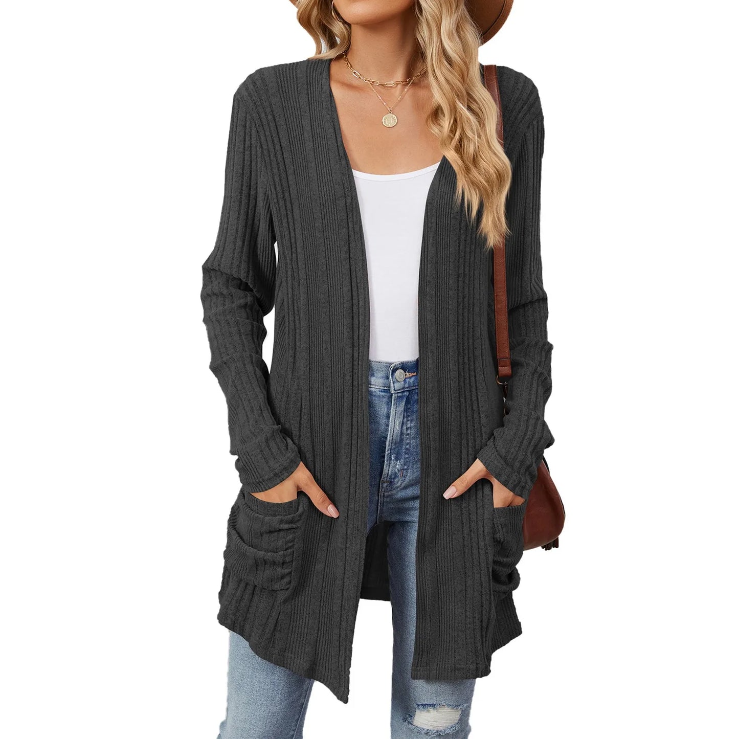 Almira | Lang Damer Ribstrikket Cardigan