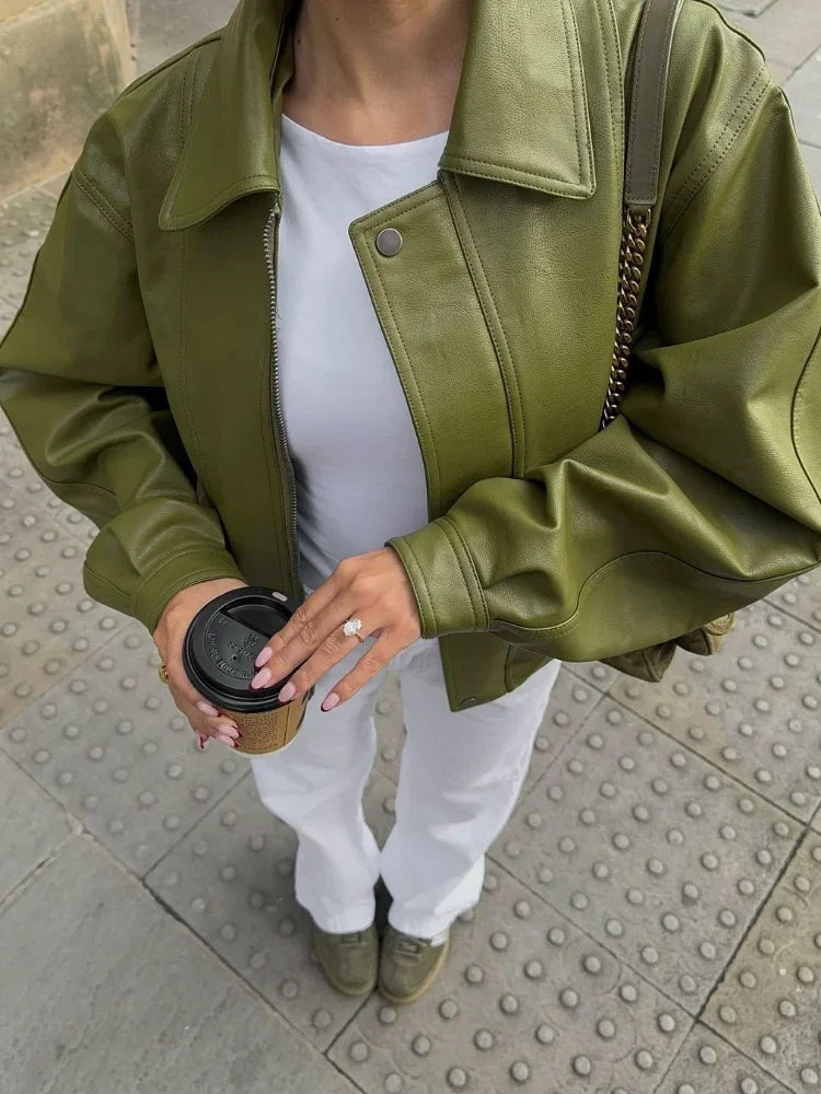 Marisse™ | Damer Grøn Læder Oversized Bomberjakke | Overgangsjakke med Trykknapper