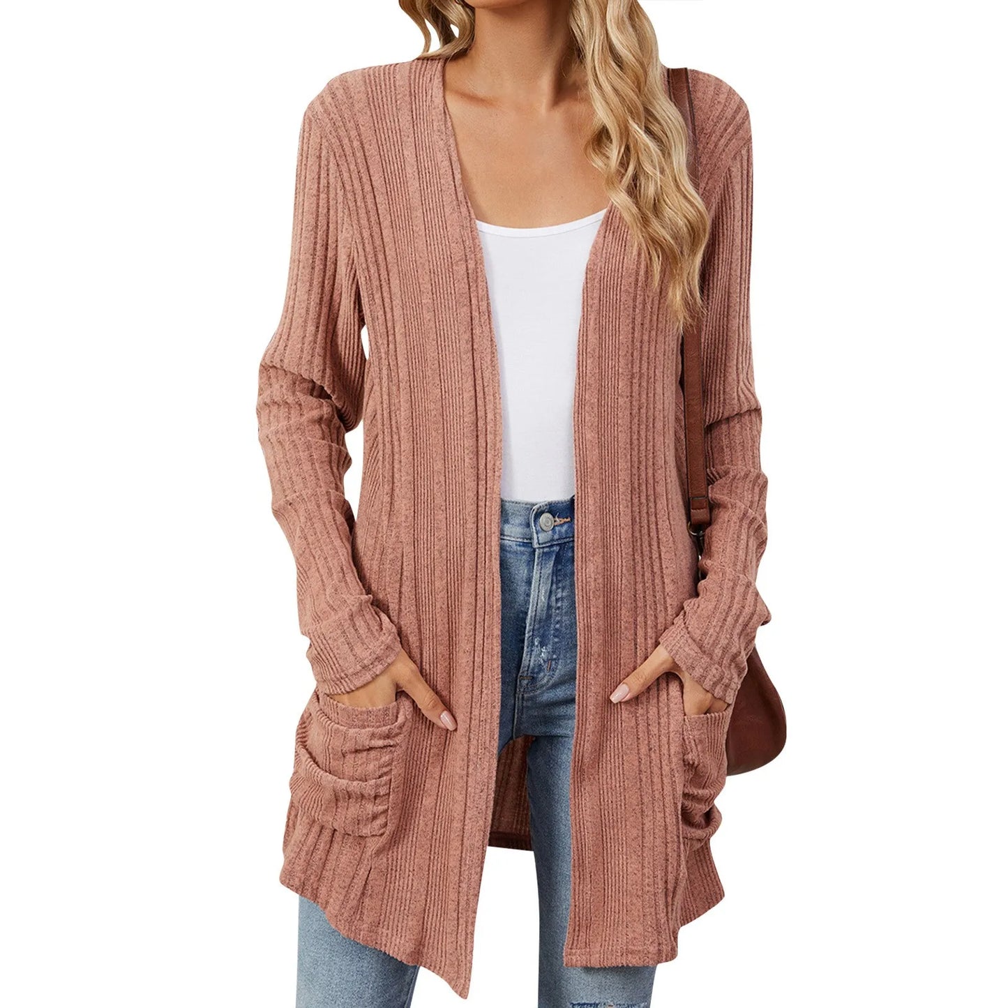 Almira | Lang Damer Ribstrikket Cardigan