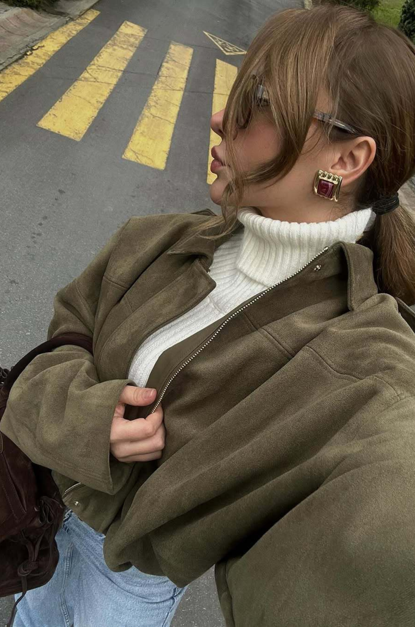 Rey | Damer Oversized Cropped Jakke | Olivengrøn | Ruskindslook | Streetwear & Casual | Forårs- & Efterårsjakke