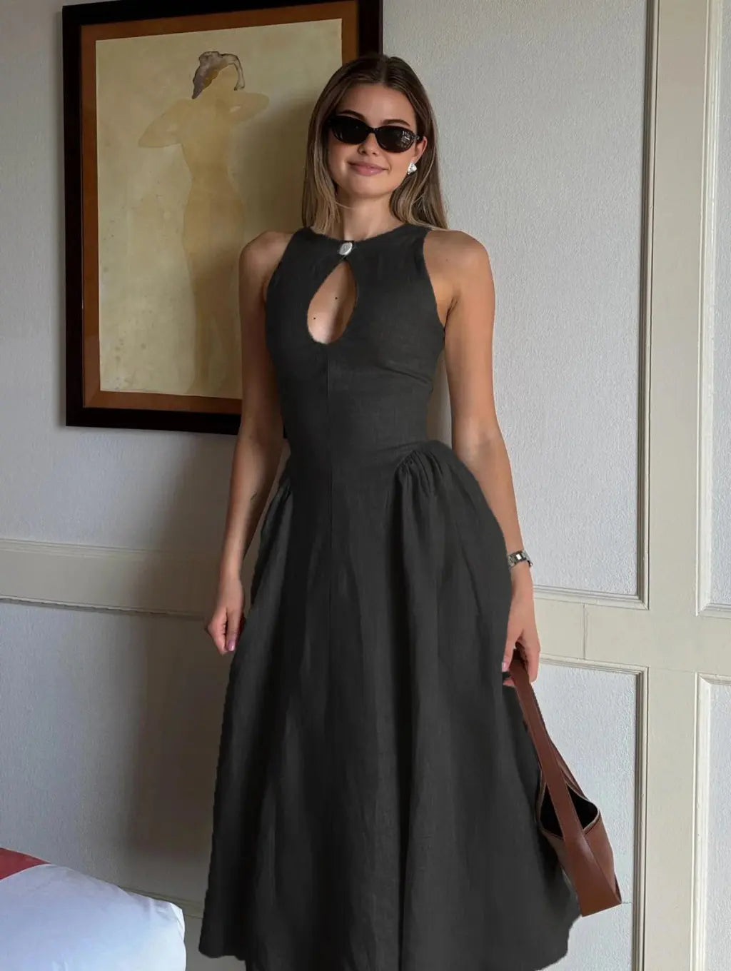 Liora | Hør Maxi Kjole Dame | Luftig Sommerkjole | Ærmeløs | Keyhole Hals | A-Linje | Elegant & Minimalistisk
