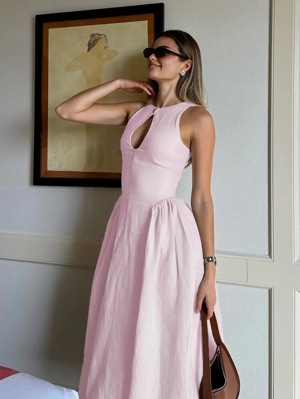 Liora | Hør Maxi Kjole Dame | Luftig Sommerkjole | Ærmeløs | Keyhole Hals | A-Linje | Elegant & Minimalistisk