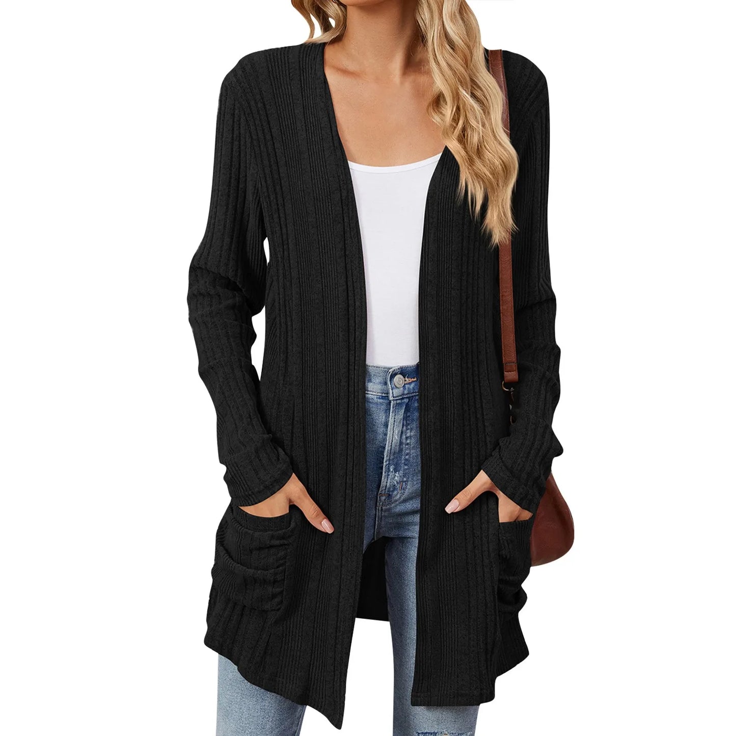 Almira | Lang Damer Ribstrikket Cardigan