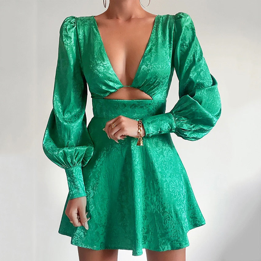 Marsha™ | Satin Mini Kjole til Damer med Ballonærmer og Dyb V-udskæring | Festlig Look