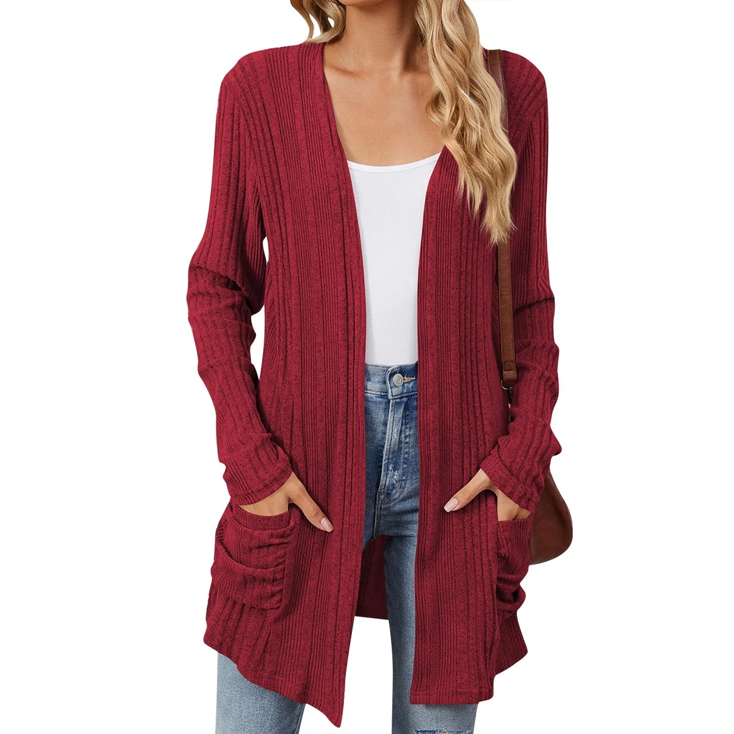 Almira | Lang Damer Ribstrikket Cardigan