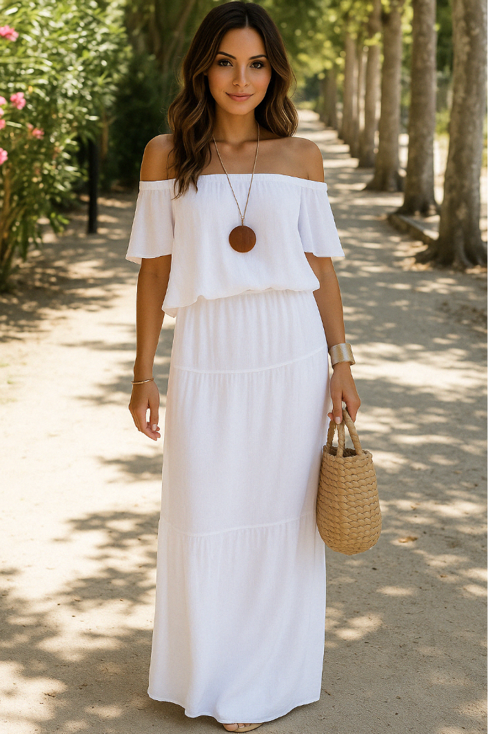 Amarisa™ | Off-Shoulder Maxi Kjole Damer | Luftig Sommerkjole med Lige Skørt og Løstsiddende Overdel til Strand eller Middag