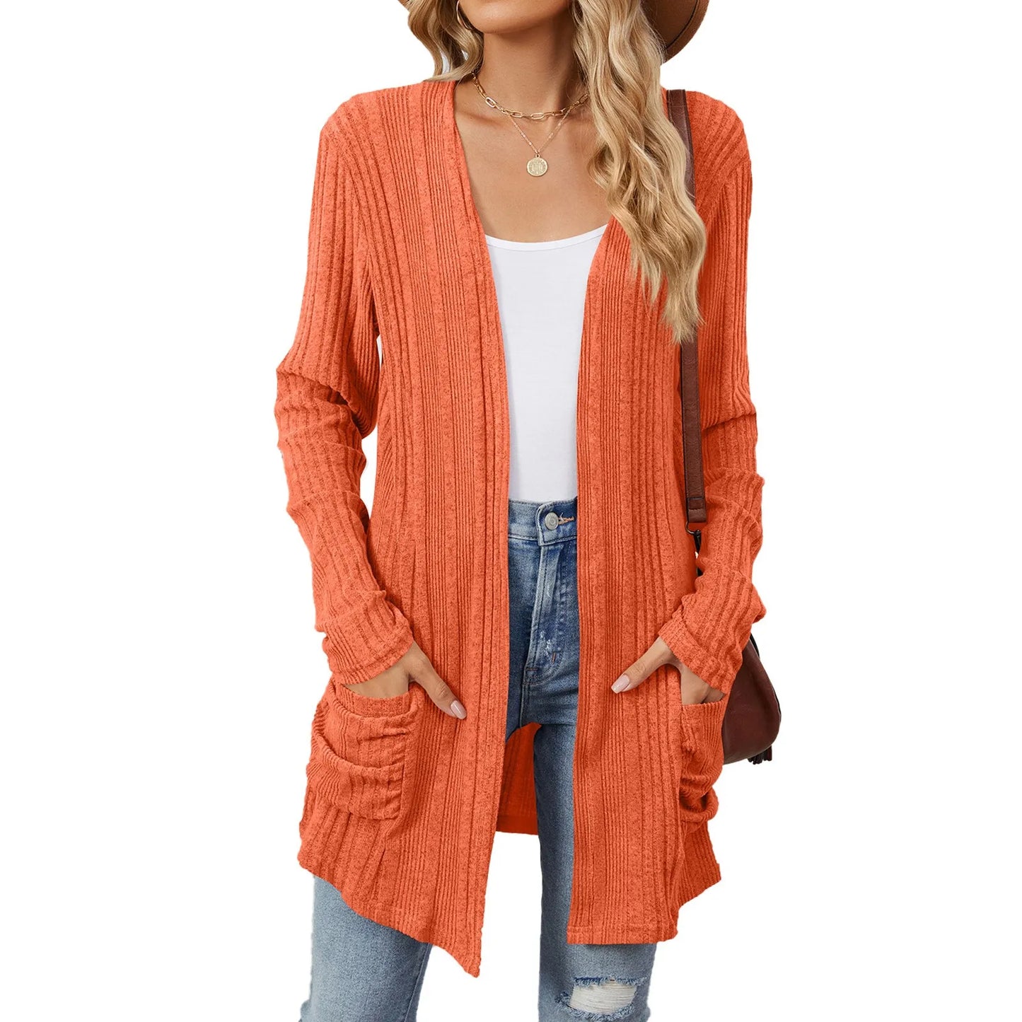 Almira | Lang Damer Ribstrikket Cardigan