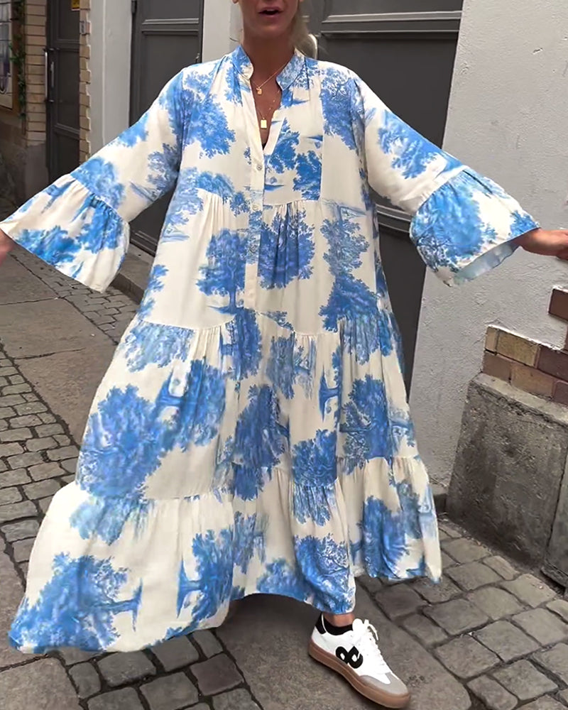 Eliana™ | Lang Kjole med V-hals, Klokkeærmer og Blomsterprint