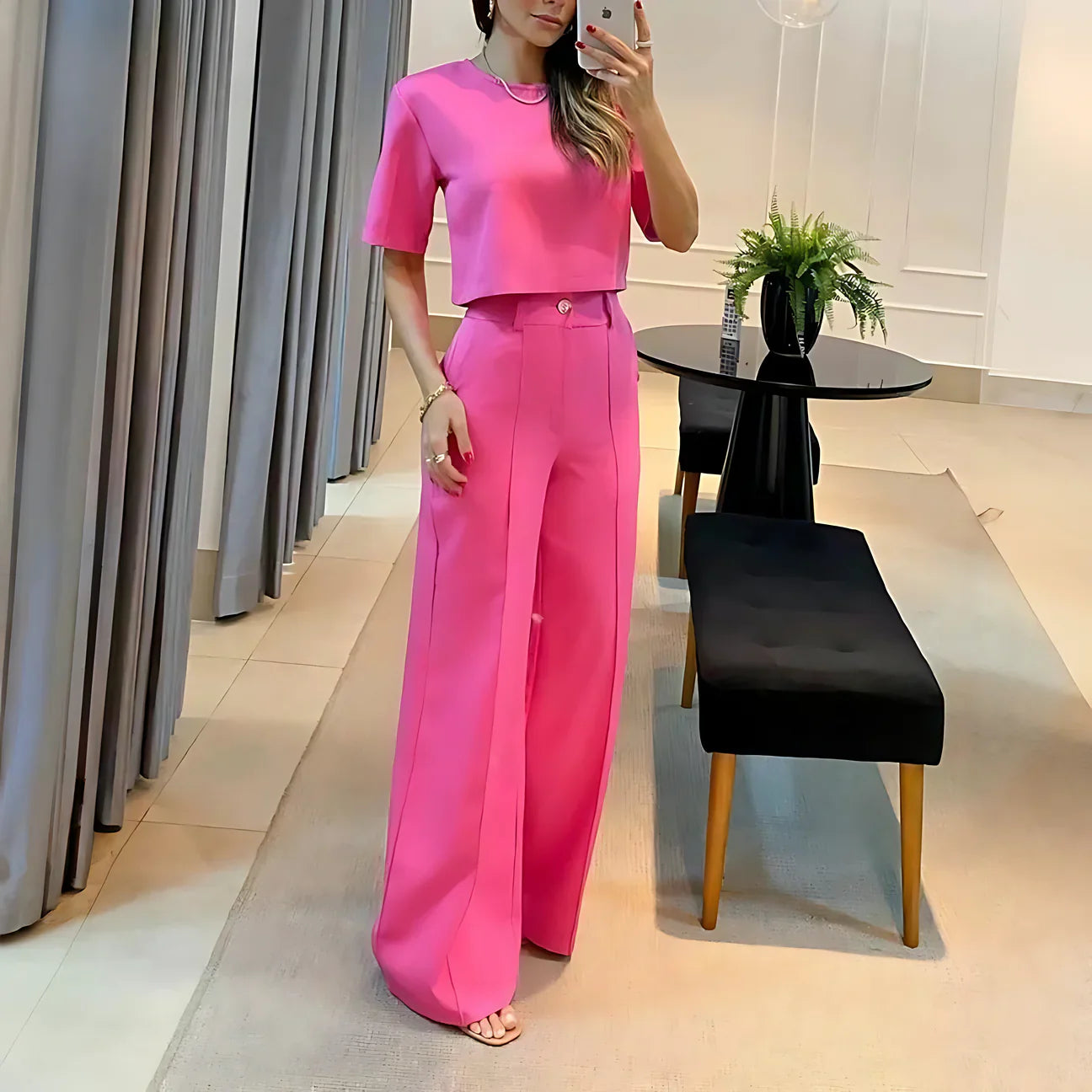 Selvianne™ | Damer To-Delte Palazzo Sæt | Cropped Top og Brede High-Waist Bukser i Ensfarvede Nuancer