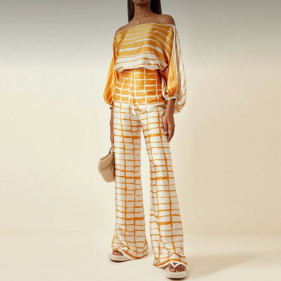 Orielle™ | Todelt Sæt Damer med Vidde Bukser og Off-Shoulder Top | Sommerlig Resortwear med Dyreprint eller Abstrakt Mønster