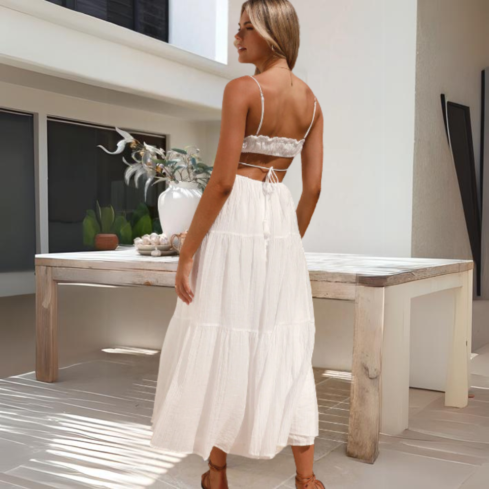 Selena™ | Damer Stropløs Maxi Sommerkjole Med Cut-Out Og Åben Ryg | Let Casual Boho Kjole Med Flæser