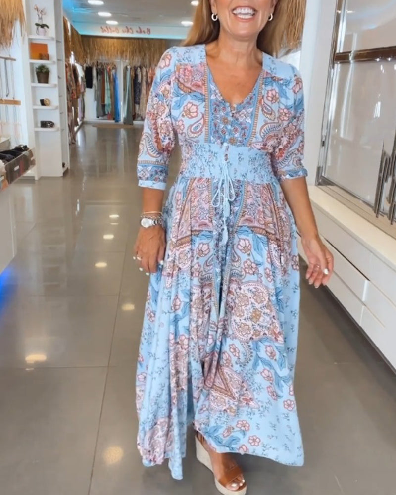 Isalina™ | Damer Boheme Maxikjole med Paisley Blomstermønster | Luftig Sommerkjole med V-Hals og Taljebånd