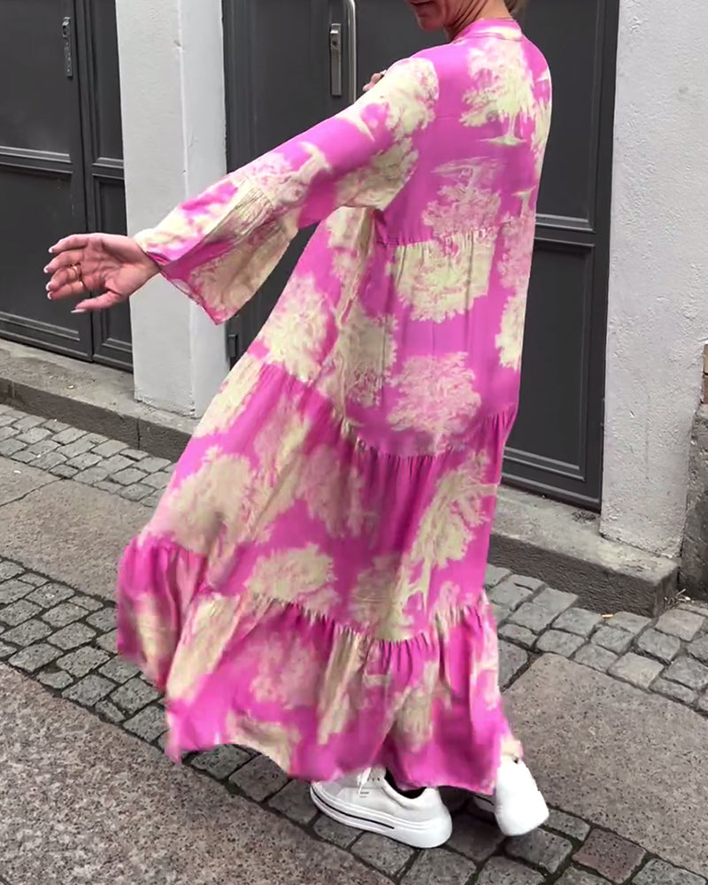 Eliana™ | Lang Kjole med V-hals, Klokkeærmer og Blomsterprint