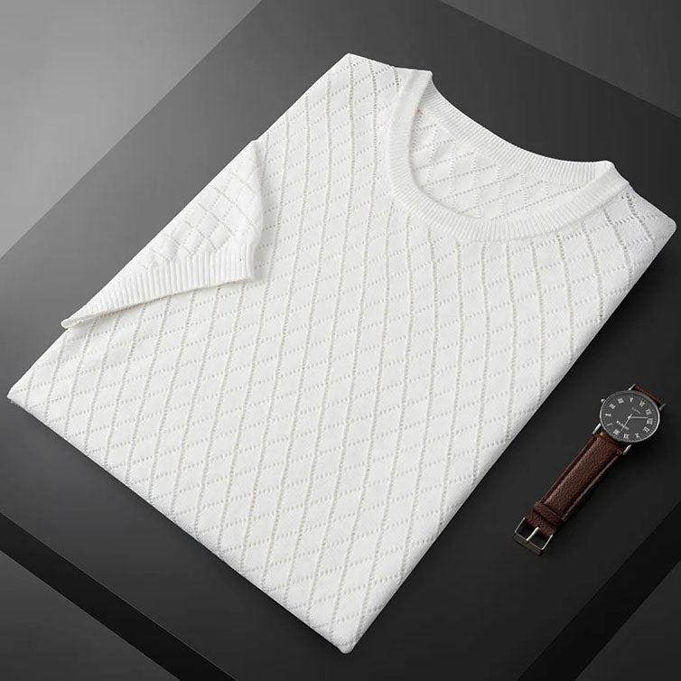 Ernesto™ | Herre Strikket Sommer T-shirt med Rudemønster og Åndbart Design | Luftig T-shirt