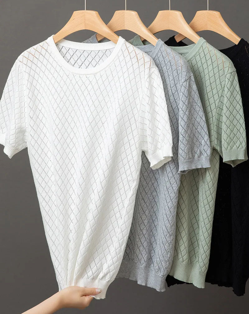 Ernesto™ | Herre Strikket Sommer T-shirt med Rudemønster og Åndbart Design | Luftig T-shirt