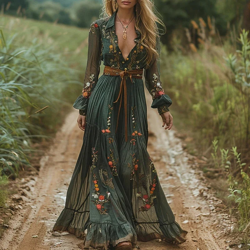 Soraya™ | Boheme Maxi Kjole med Broderi, Gennemsigtige Ærmer og Vintage Bælte | Romantisk Efterårskjole i Jordfarver