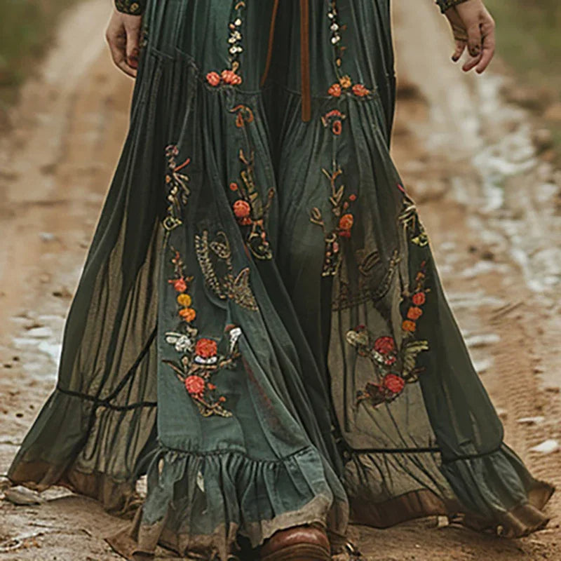 Soraya™ | Boheme Maxi Kjole med Broderi, Gennemsigtige Ærmer og Vintage Bælte | Romantisk Efterårskjole i Jordfarver