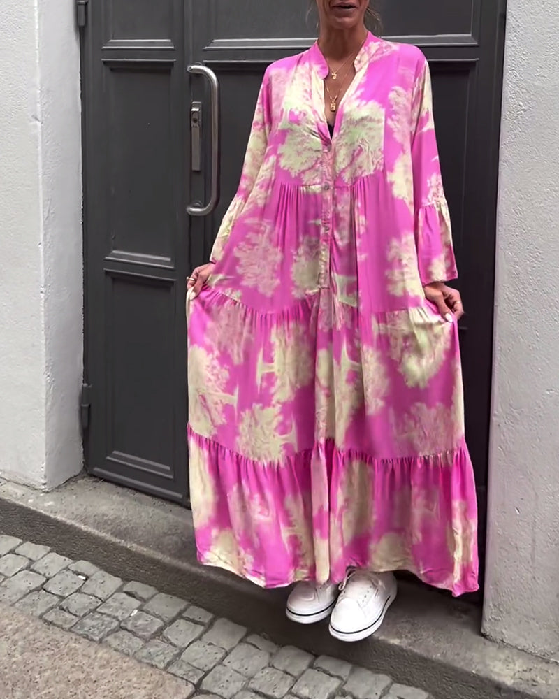 Eliana™ | Lang Kjole med V-hals, Klokkeærmer og Blomsterprint