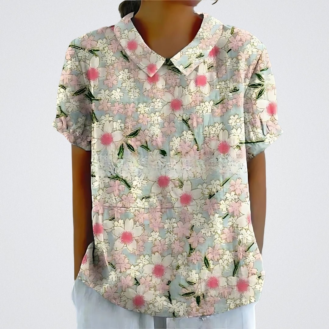 Flora | Blomster Bluse Damer | Korte Ærmer | Let Åndbart Stof | Feminin V-Hals | Sommer Casual Top