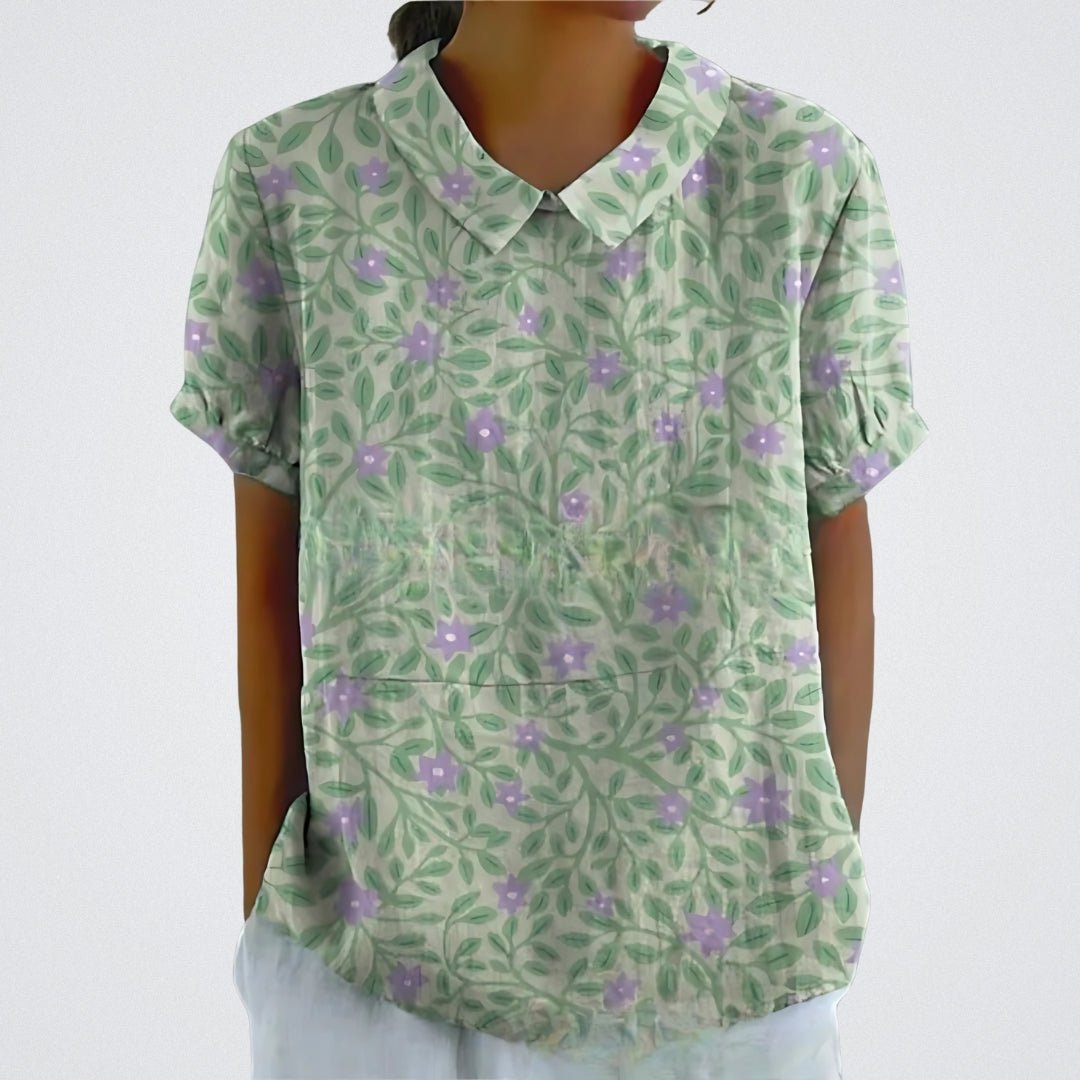 Flora | Blomster Bluse Damer | Korte Ærmer | Let Åndbart Stof | Feminin V-Hals | Sommer Casual Top