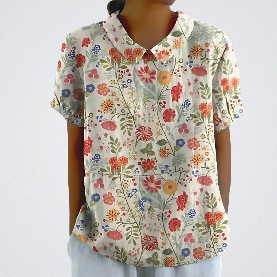 Flora | Blomster Bluse Damer | Korte Ærmer | Let Åndbart Stof | Feminin V-Hals | Sommer Casual Top
