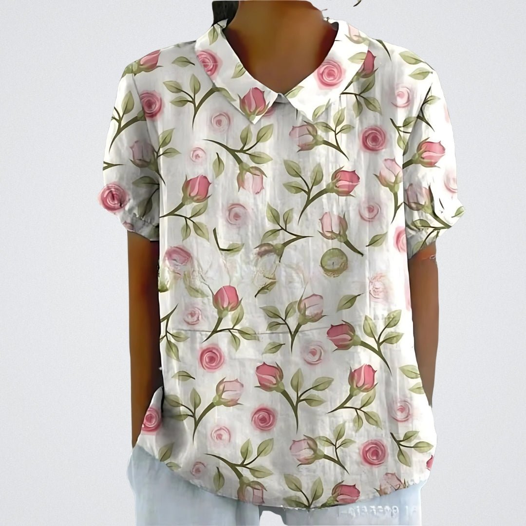 Flora | Blomster Bluse Damer | Korte Ærmer | Let Åndbart Stof | Feminin V-Hals | Sommer Casual Top