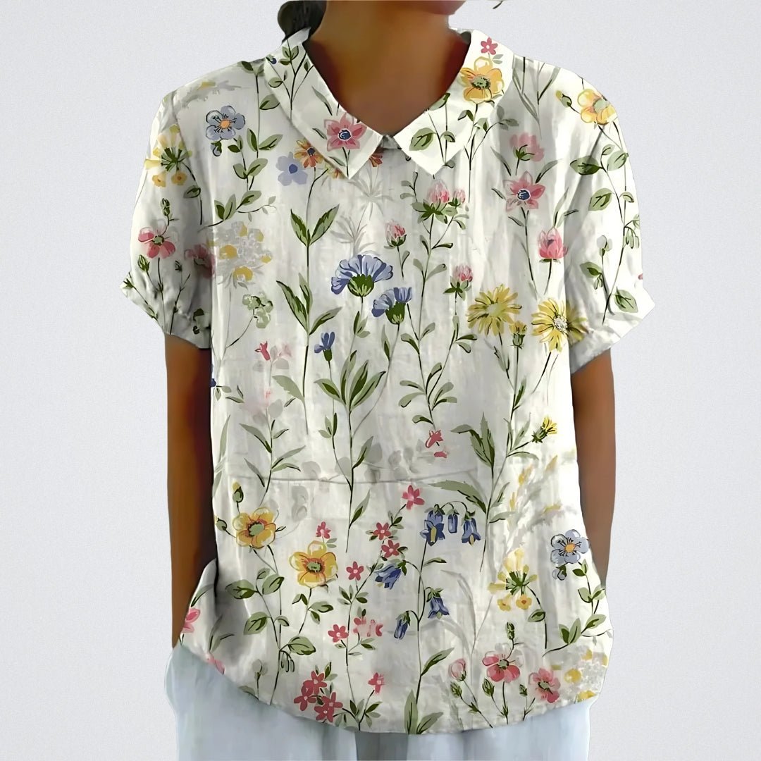 Flora | Blomster Bluse Damer | Korte Ærmer | Let Åndbart Stof | Feminin V-Hals | Sommer Casual Top