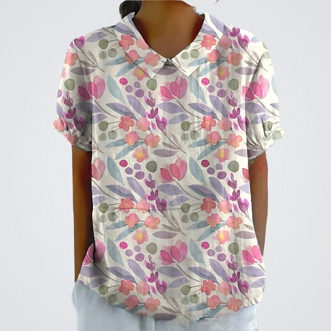 Flora | Blomster Bluse Damer | Korte Ærmer | Let Åndbart Stof | Feminin V-Hals | Sommer Casual Top
