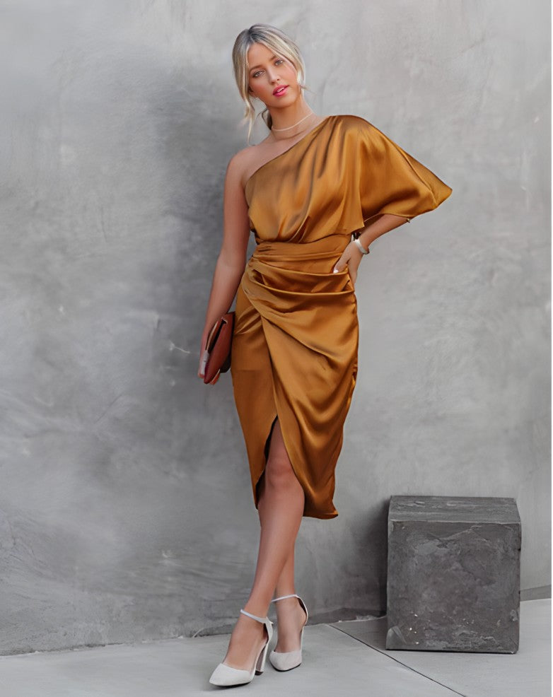 Amaya™ | Damer Satin One-Shoulder Cocktailkjole | Elegant Midi-Kjole med Slids