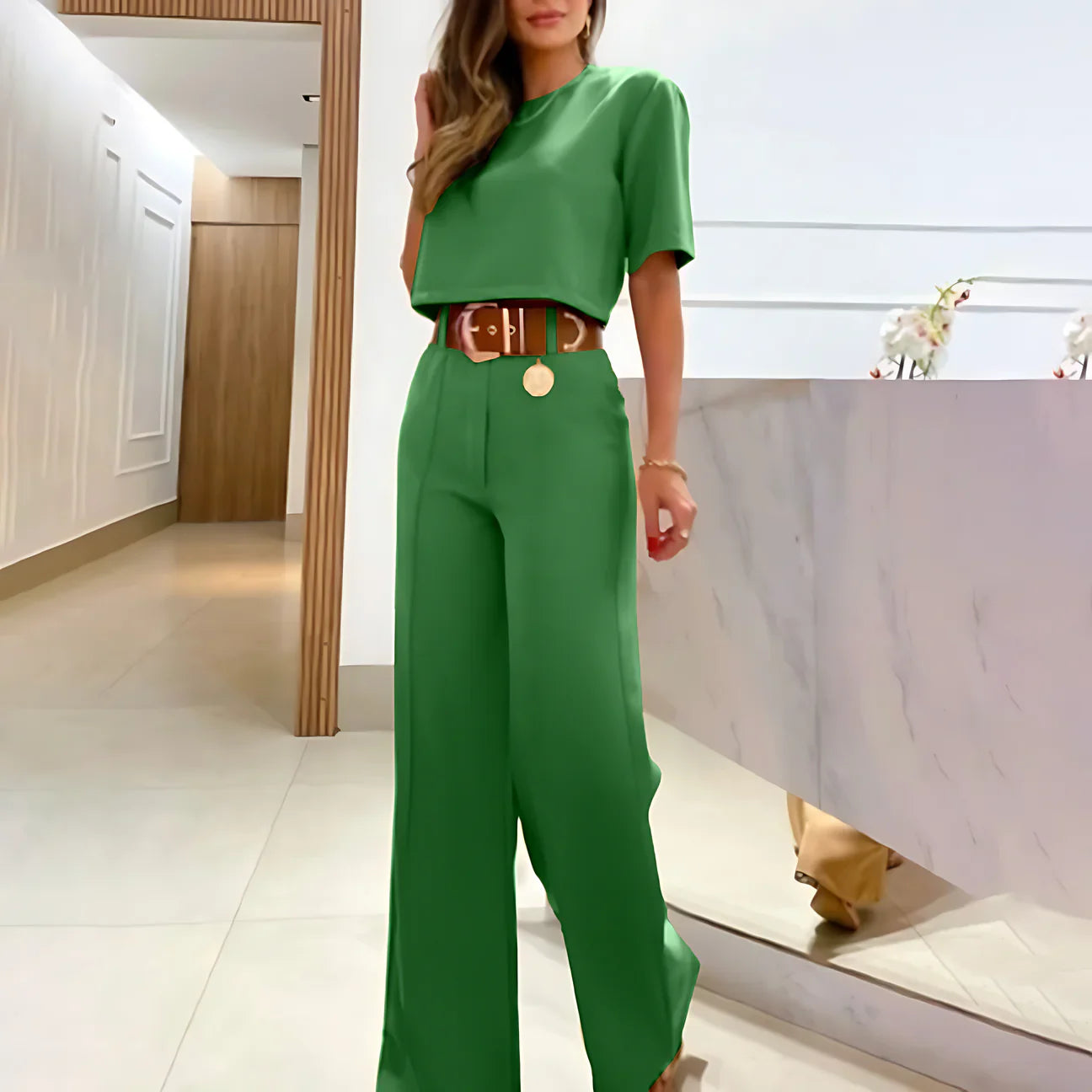 Selvianne™ | Damer To-Delte Palazzo Sæt | Cropped Top og Brede High-Waist Bukser i Ensfarvede Nuancer