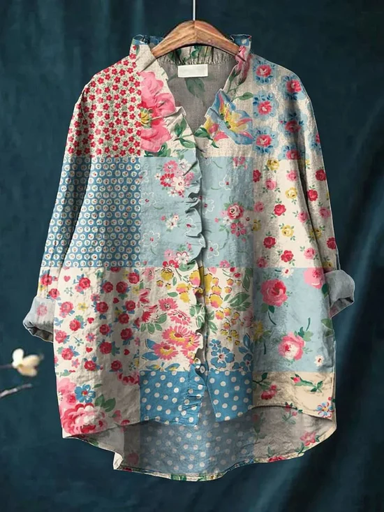 Zahara | Bohemian Bluse Dame | Let Sommerbluse | Lange Ærmer | Kunstnerisk Blomsterprint | Løstsiddende & Åndbar