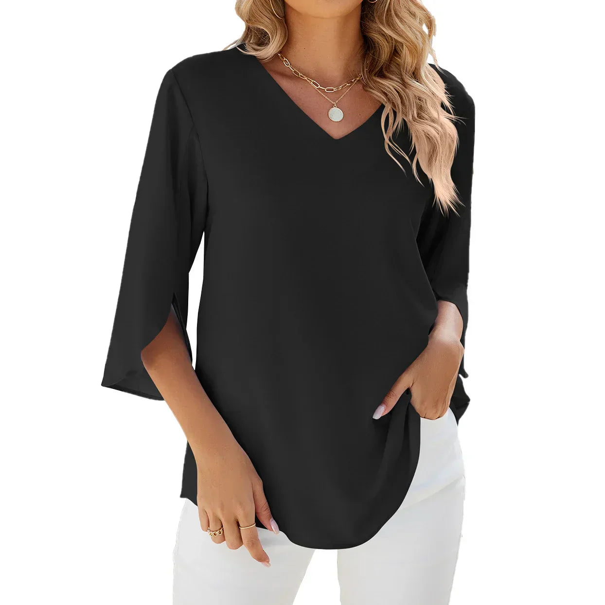 Amélie™ | Damer Bluse med Blomsterblad-Ærmer og V-Hals for Elegant Stil