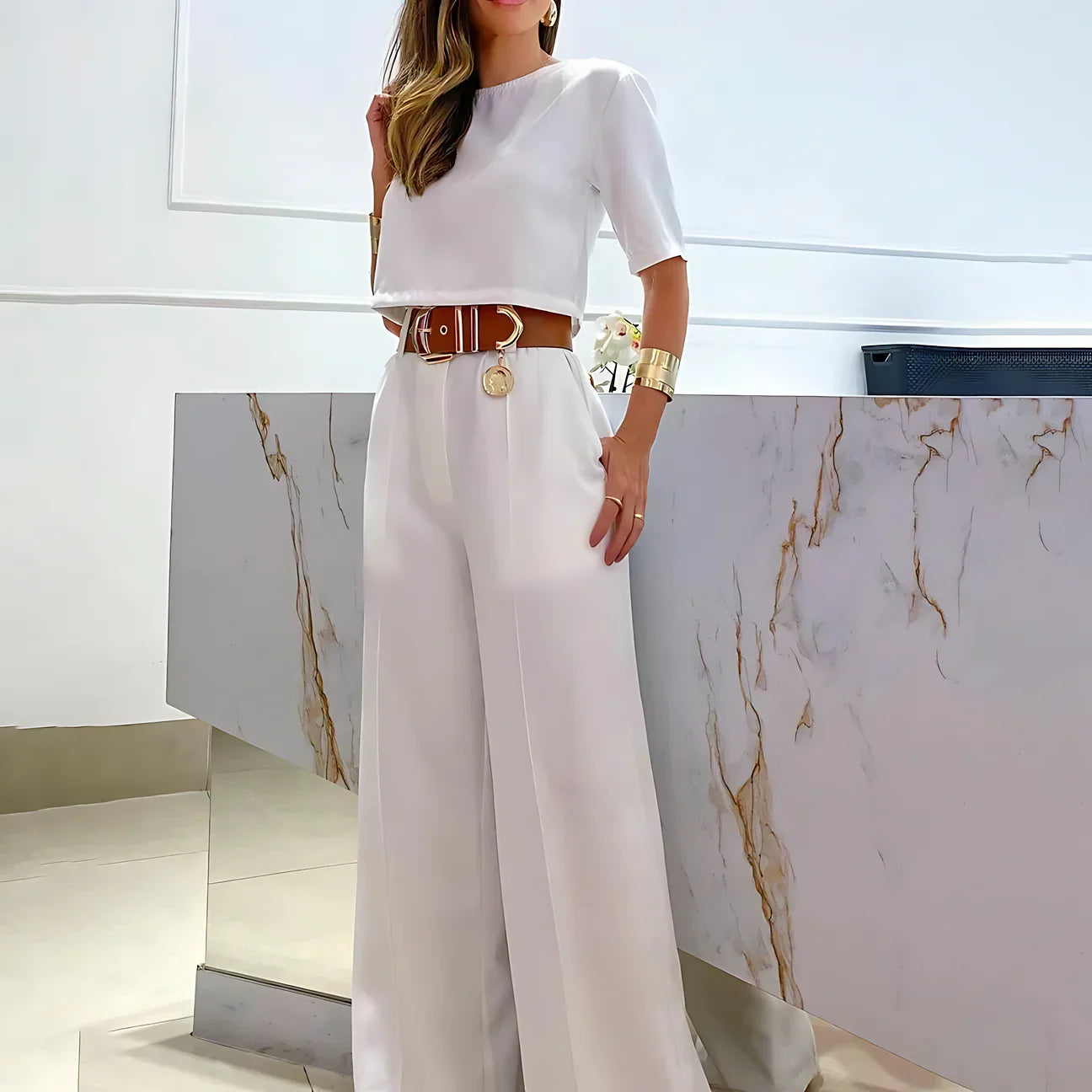 Selvianne™ | Damer To-Delte Palazzo Sæt | Cropped Top og Brede High-Waist Bukser i Ensfarvede Nuancer