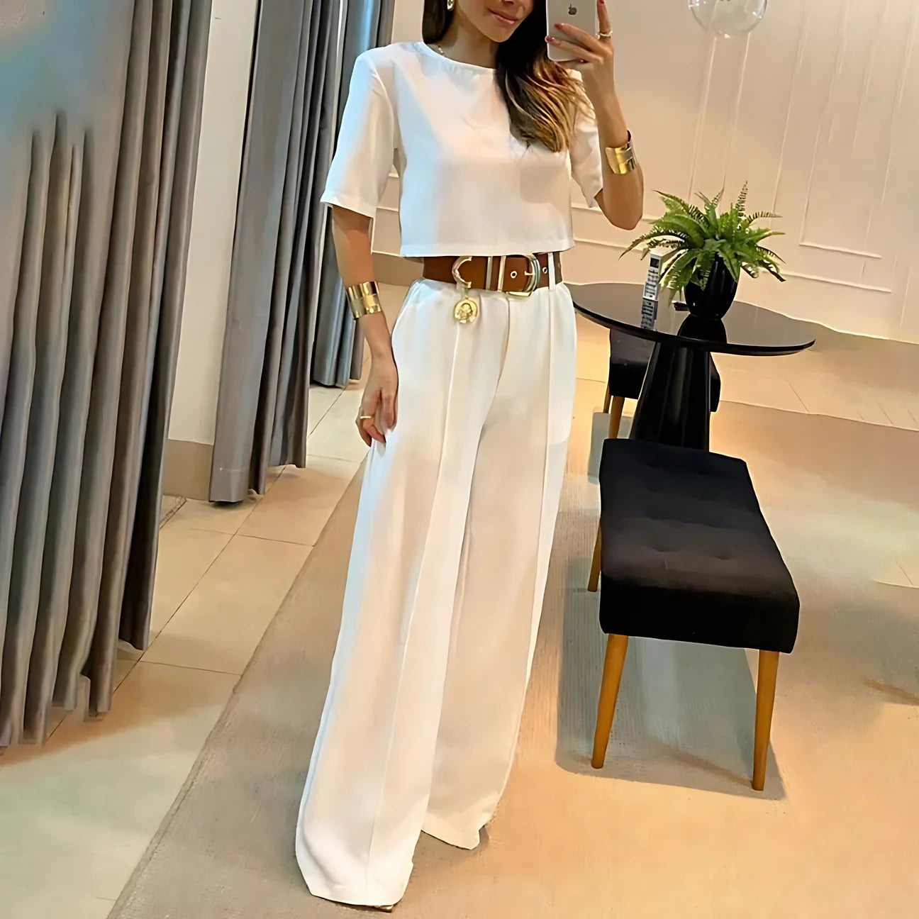 Selvianne™ | Damer To-Delte Palazzo Sæt | Cropped Top og Brede High-Waist Bukser i Ensfarvede Nuancer