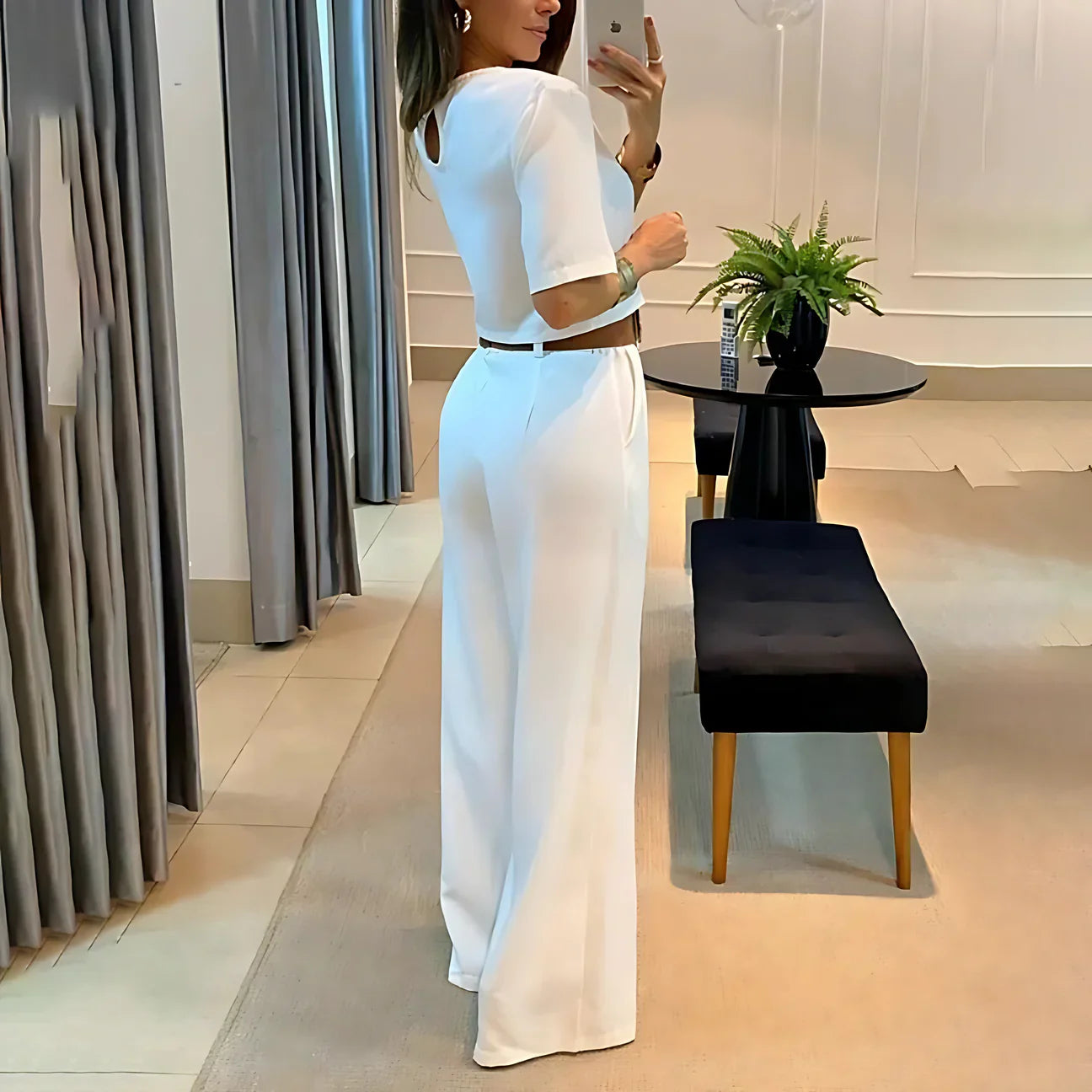 Selvianne™ | Damer To-Delte Palazzo Sæt | Cropped Top og Brede High-Waist Bukser i Ensfarvede Nuancer