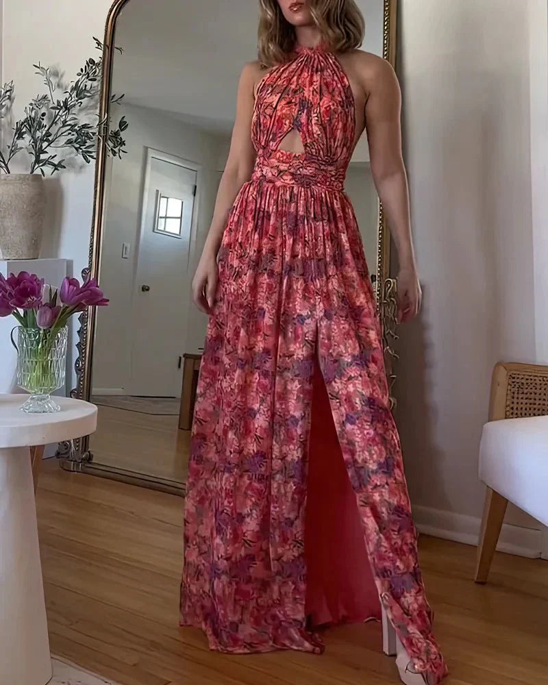 Isabella™ | Halterneck Maxi Kjole med Blomstermønster og Slids | Sommerlig Elegant Kjole med Cut-Out og Åben Ryg
