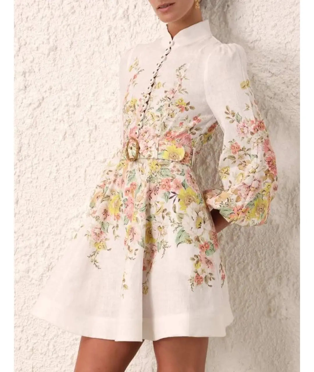 Fioretta™ | Blomstrede Mini Kjole i Linnedmix med Bælte | Luftig og Feminin Sommerkjole med Pufærmer og Ståkrave