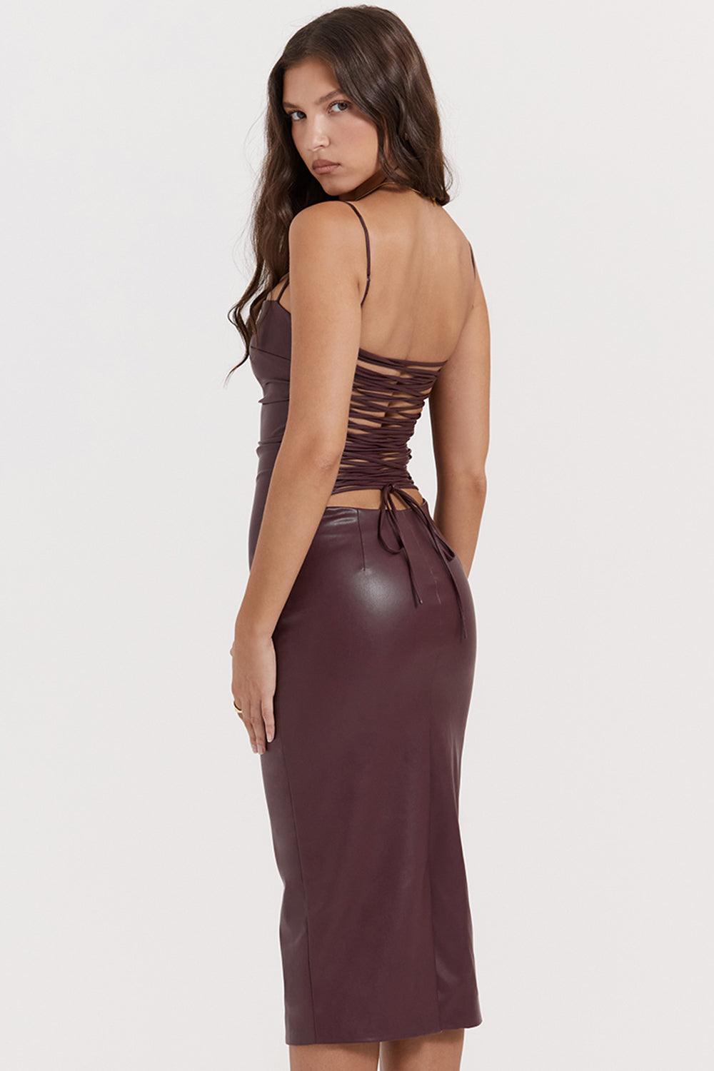 Valena | Bodycon Midi-Kjole i Vegansk Læder til Damer