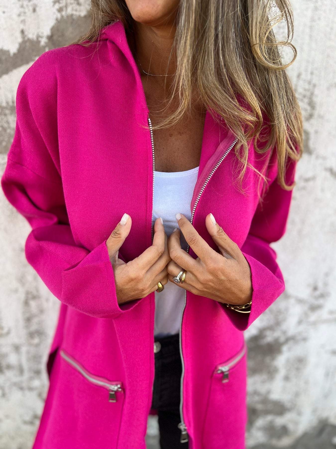 Sorella™ | Let Mellemlang Jakke Til Damer Med Hætte | Casual Strikket Lang Cardigan Med Lynlås Til Forår Og Efterår
