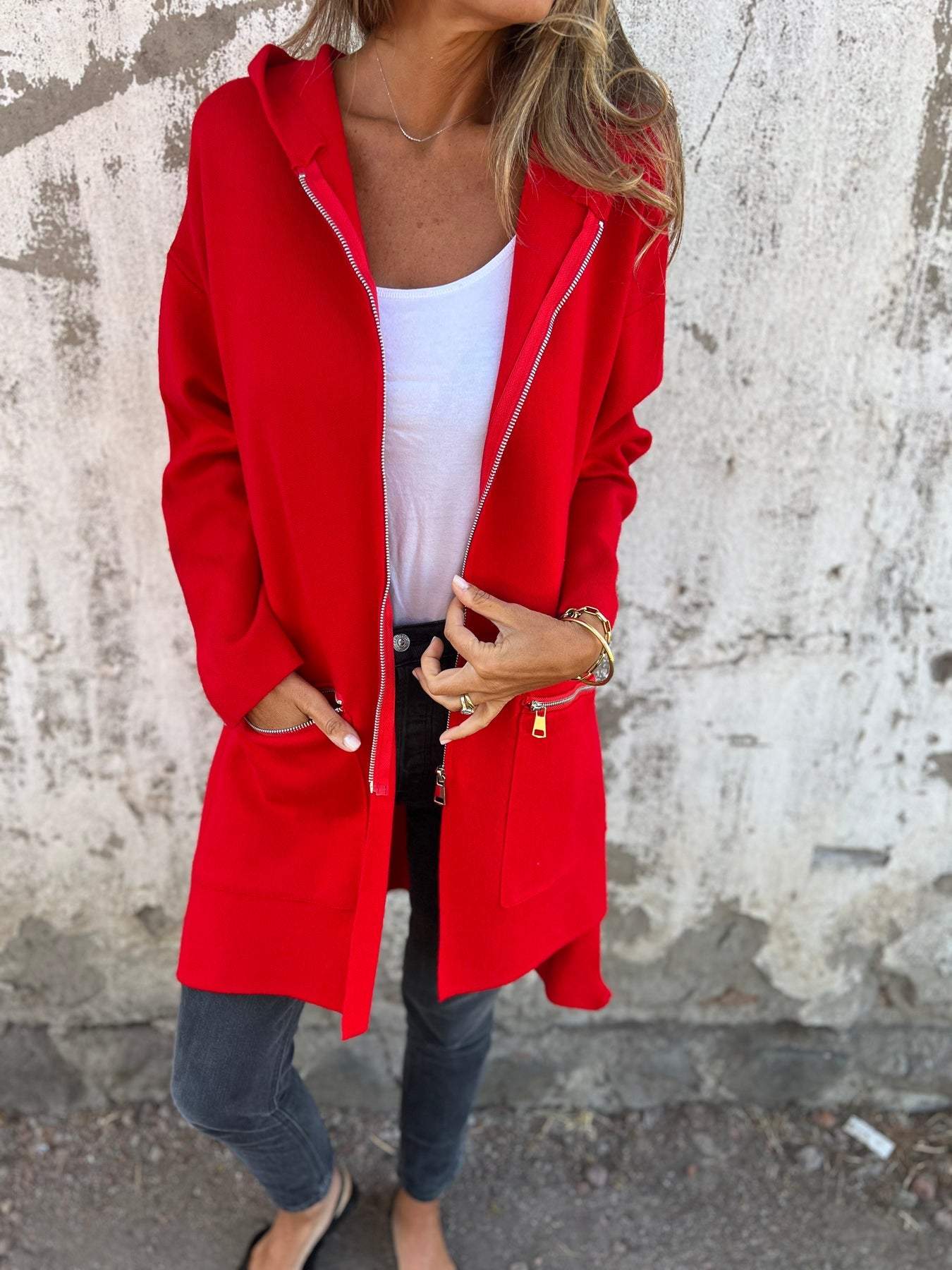 Sorella™ | Let Mellemlang Jakke Til Damer Med Hætte | Casual Strikket Lang Cardigan Med Lynlås Til Forår Og Efterår