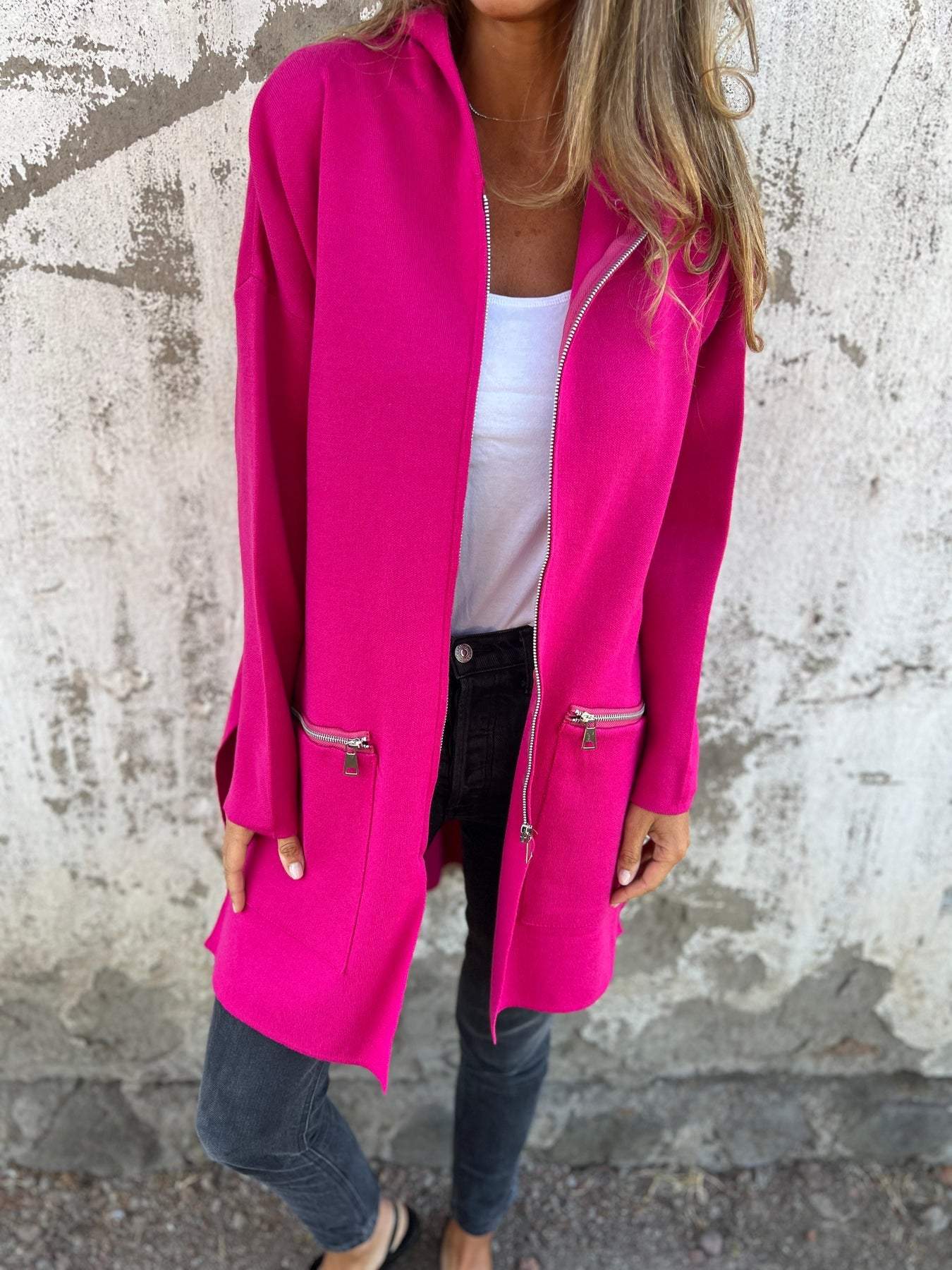 Sorella™ | Let Mellemlang Jakke Til Damer Med Hætte | Casual Strikket Lang Cardigan Med Lynlås Til Forår Og Efterår