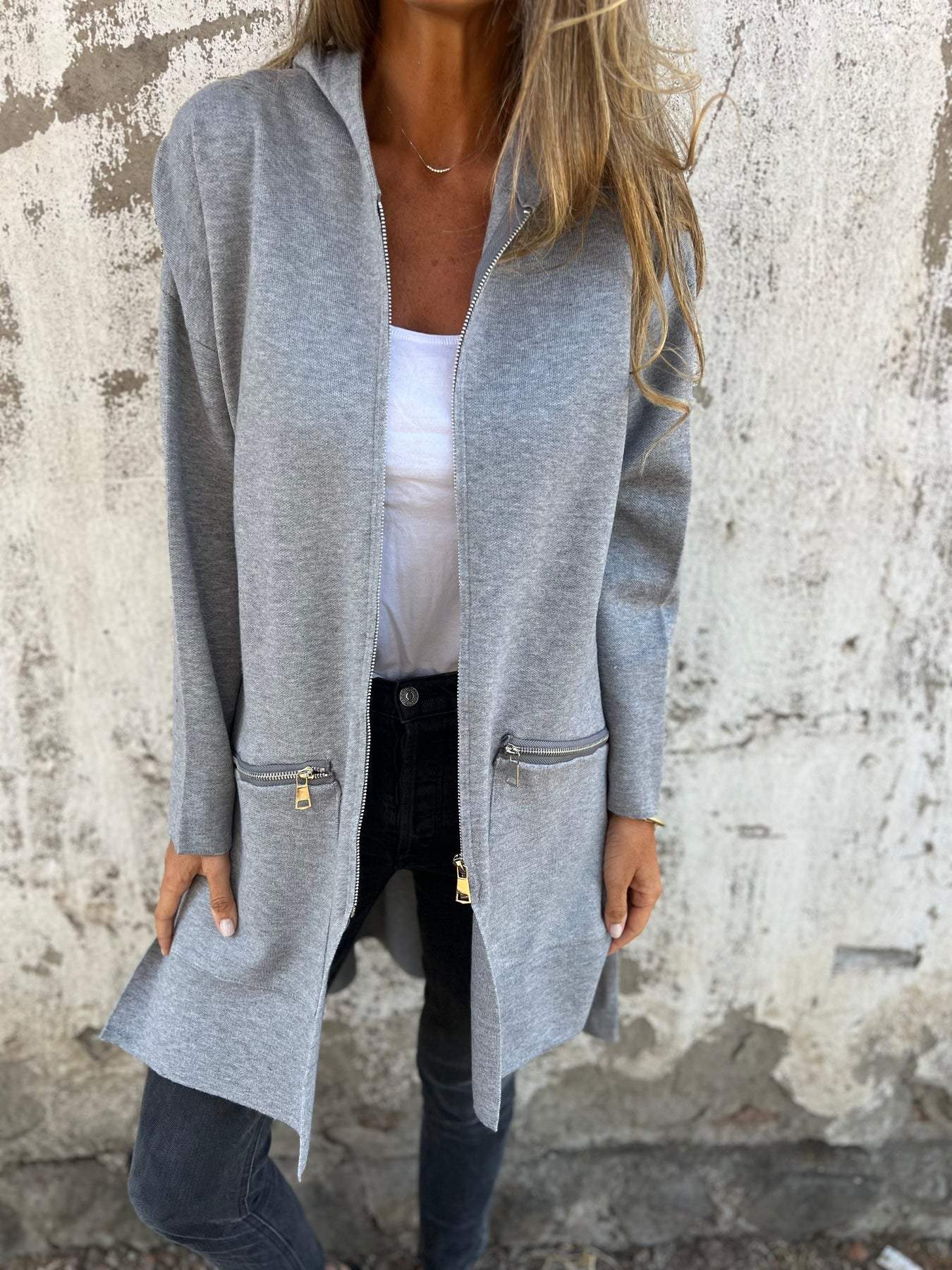 Sorella™ | Let Mellemlang Jakke Til Damer Med Hætte | Casual Strikket Lang Cardigan Med Lynlås Til Forår Og Efterår