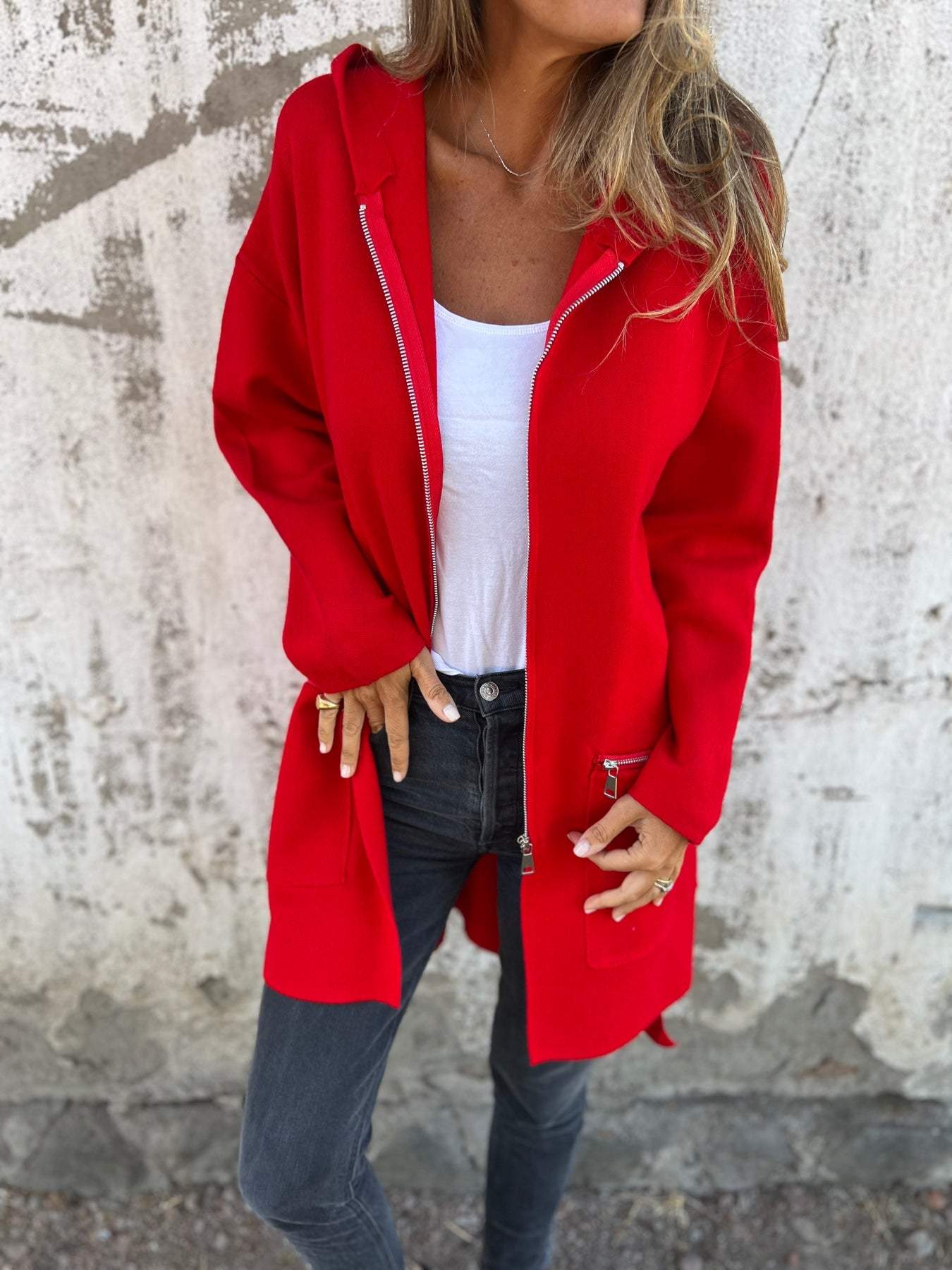 Sorella™ | Let Mellemlang Jakke Til Damer Med Hætte | Casual Strikket Lang Cardigan Med Lynlås Til Forår Og Efterår